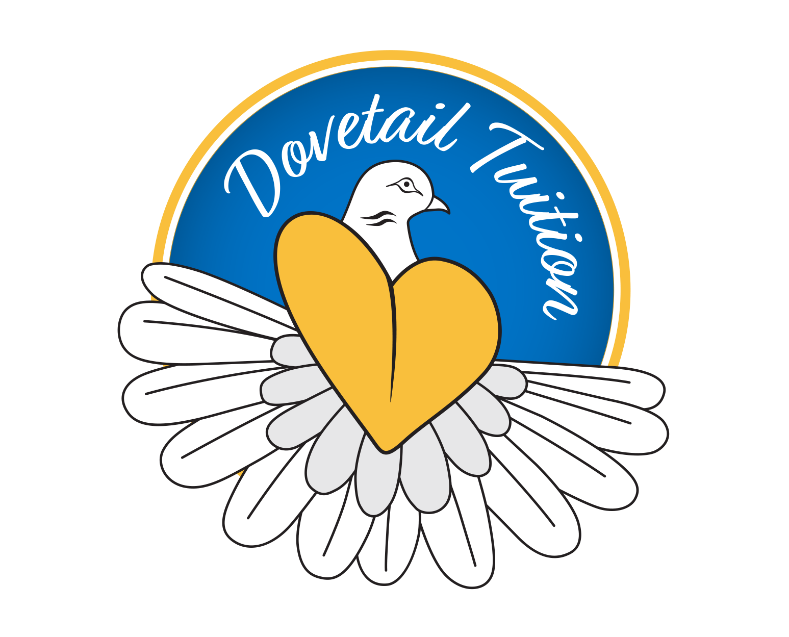 Dovetail Tuition logo. Picture of a white dove with an orange heart as wings, with the tail fanned out. Dark blue circular background with 'Dovetail Tuition' written on it.